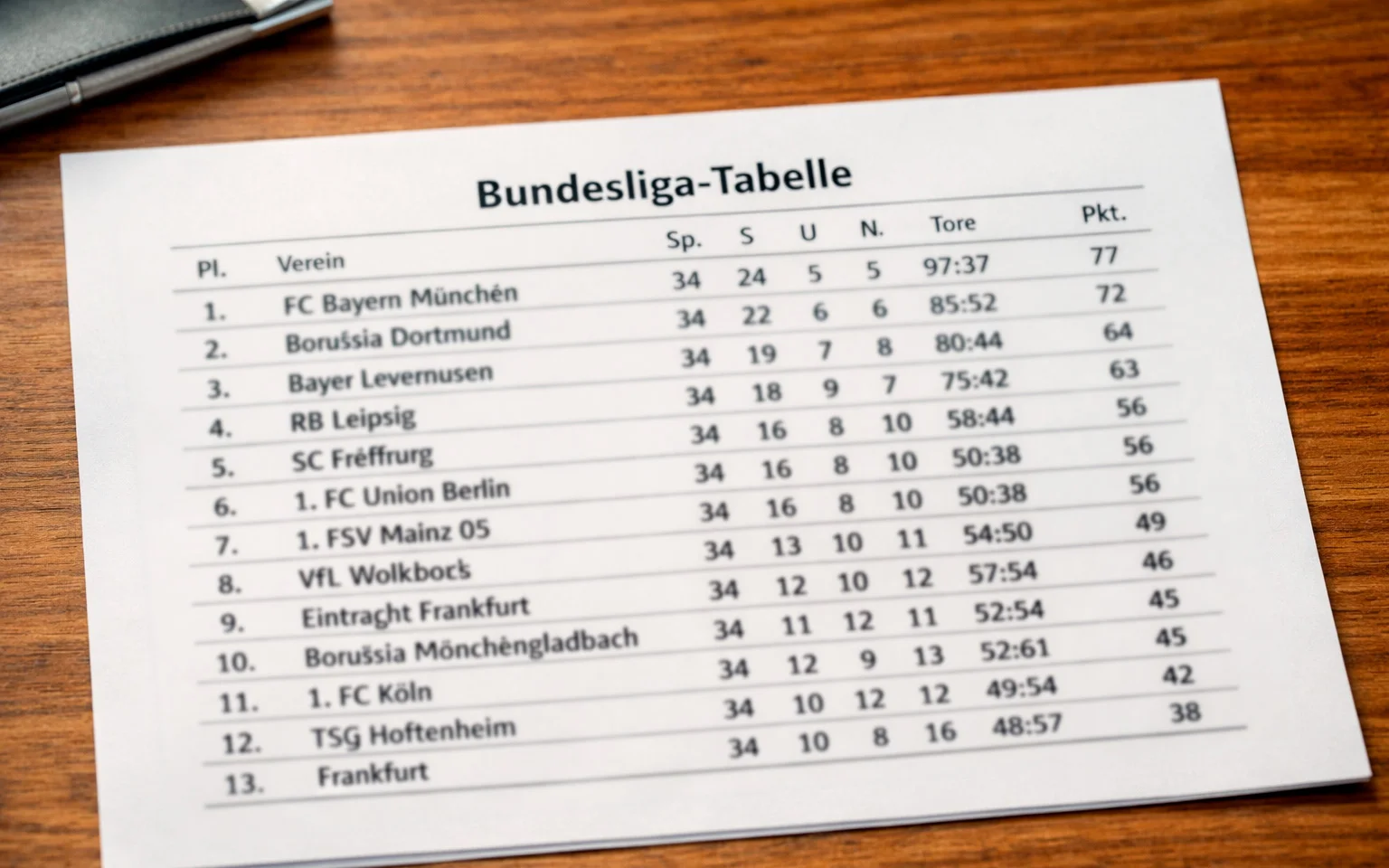 Übersichtliche Darstellung einer Bundesliga-Tabelle mit Statistiken