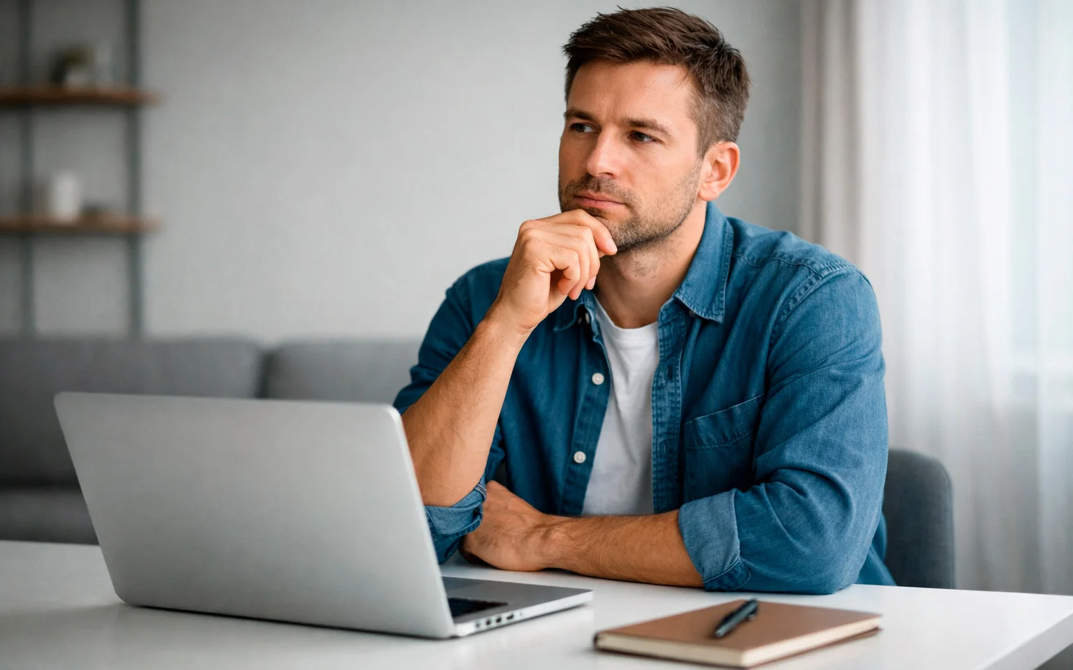 Person in nachdenklicher Pose vor Laptop bei einer Entscheidungsfindung