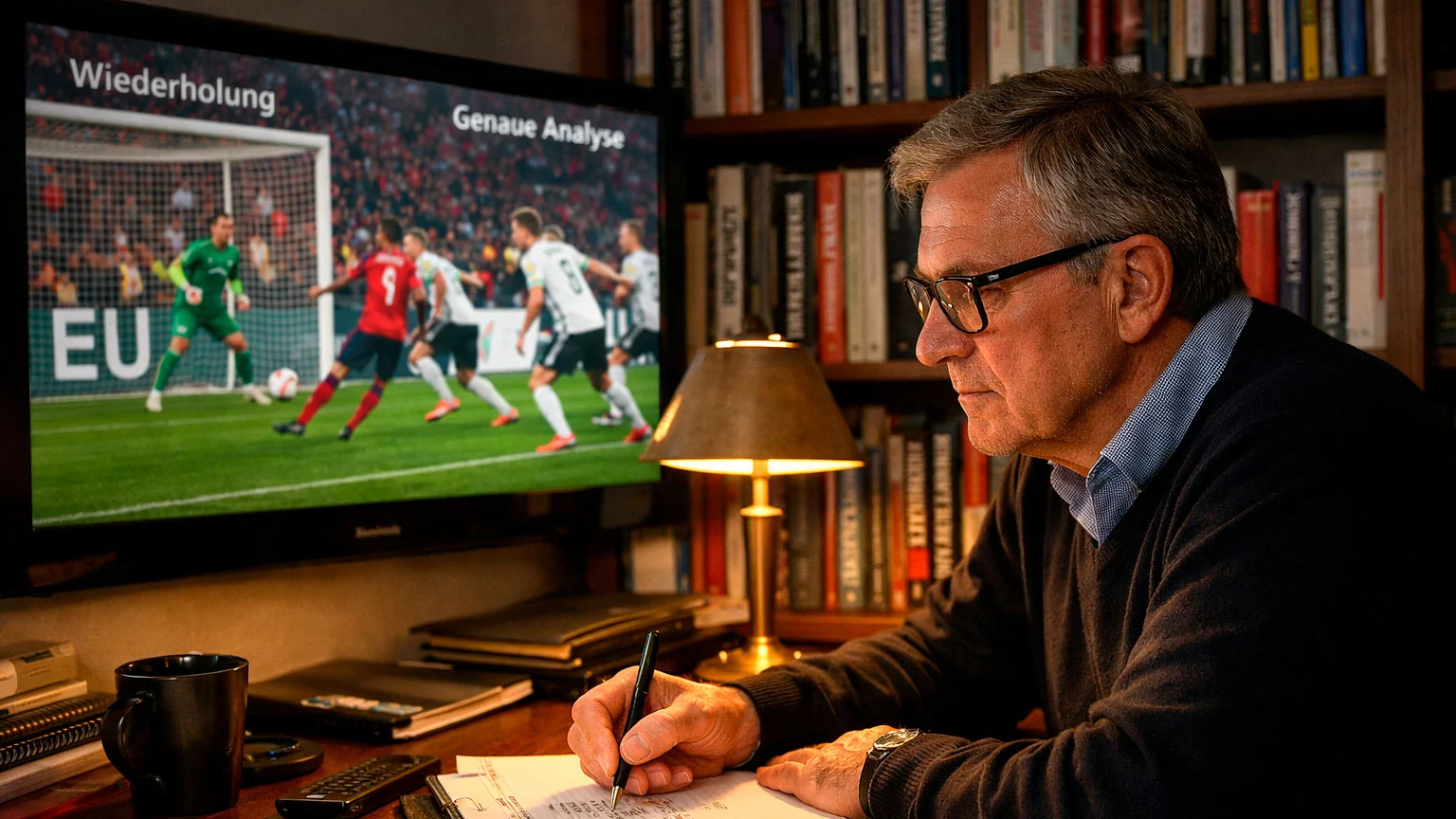 Fußballexperte analysiert ein Spiel auf einem Bildschirm und macht sich Notizen