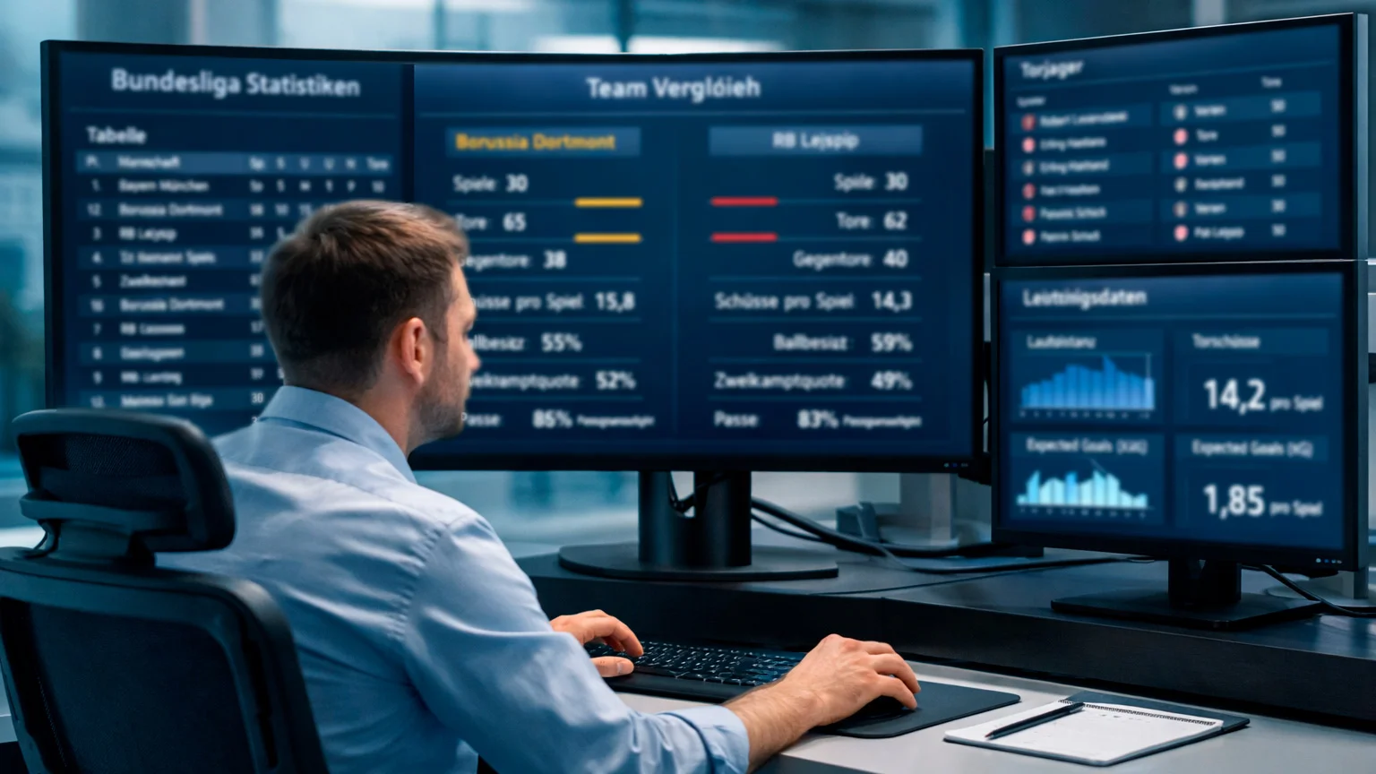 Analyst konzentriert sich auf detaillierte Bundesliga-Statistiken auf mehreren Monitoren