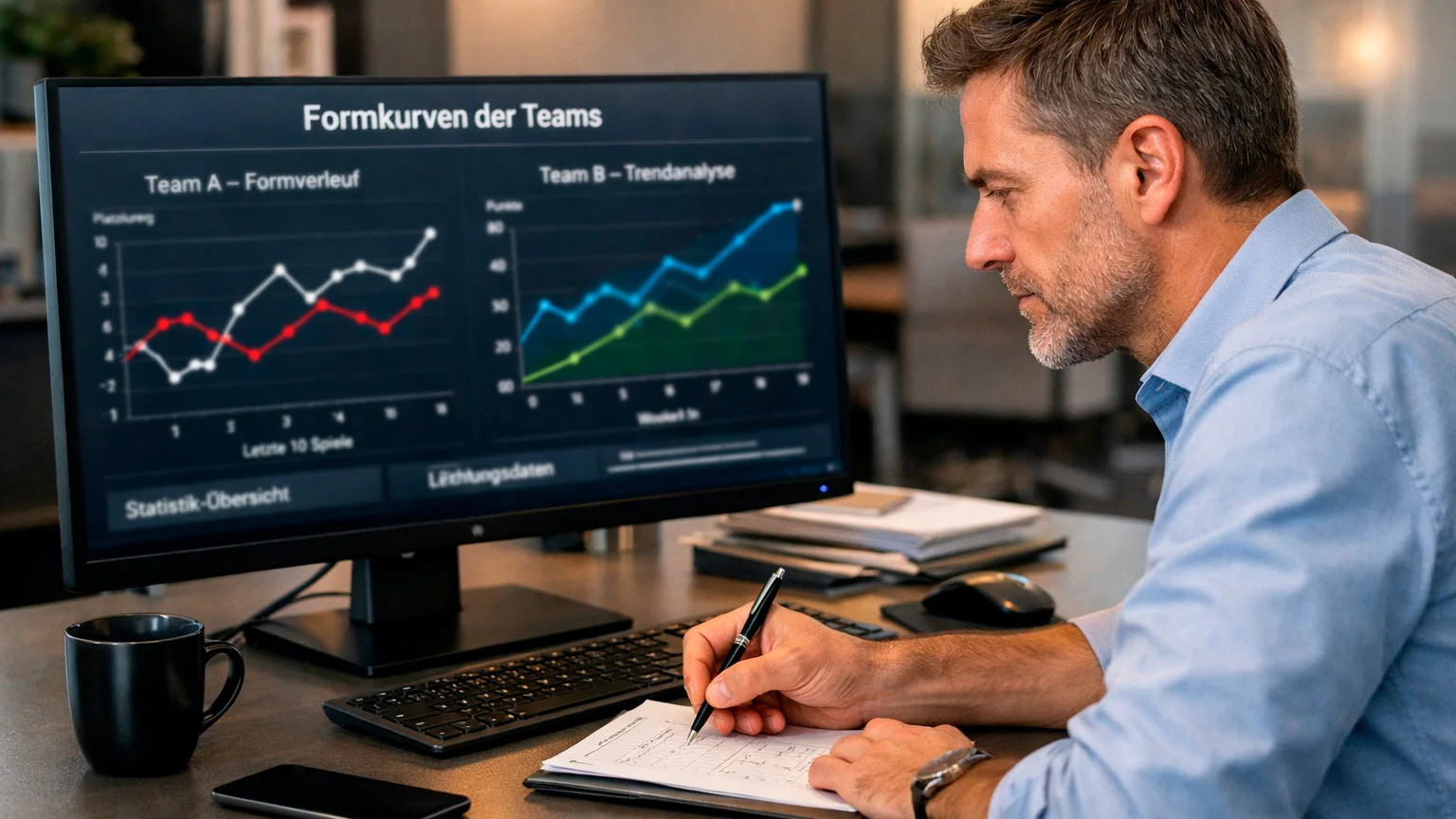 Analyst betrachtet Formkurven und Leistungsdaten auf einem Computerbildschirm