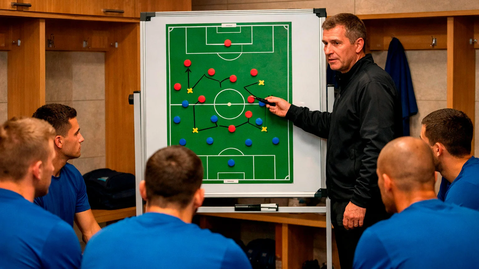 Trainer bespricht Taktik mit der Mannschaft in der Kabine