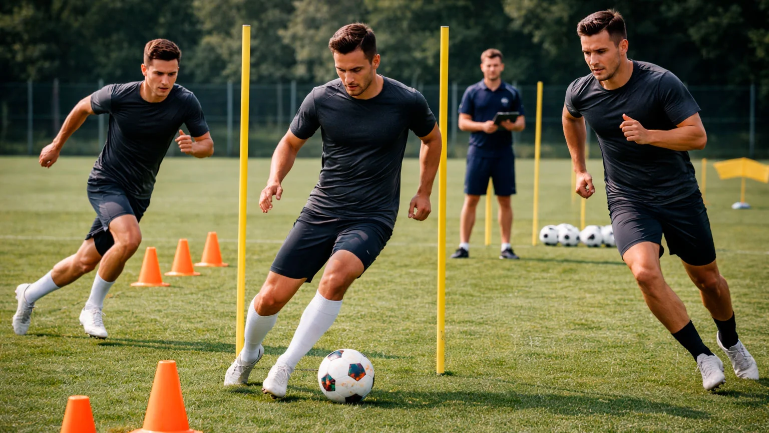 Fußballspieler beim intensiven Training auf dem Trainingsplatz
