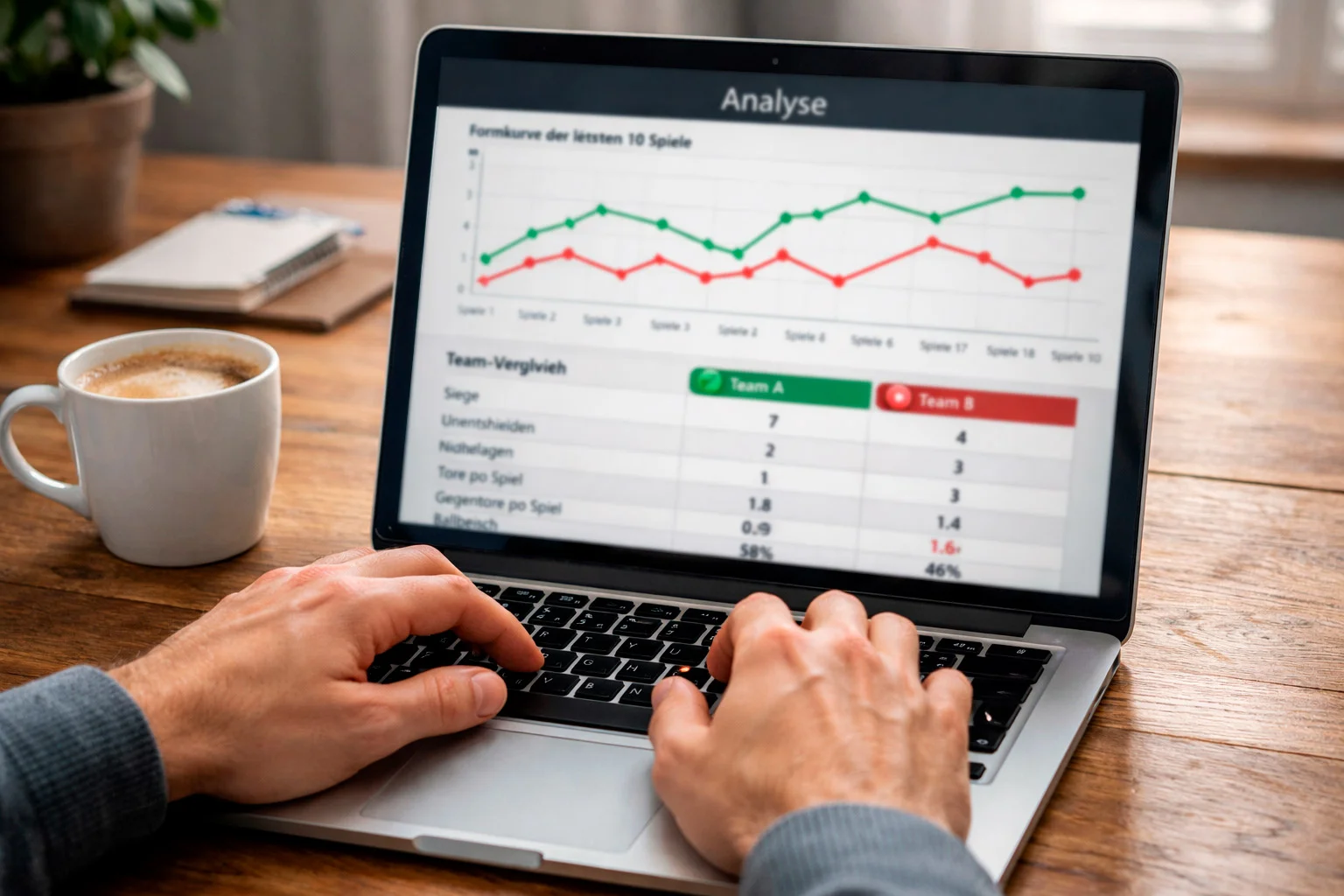 Person analysiert Fußballformkurven und Statistiken auf einem Laptop