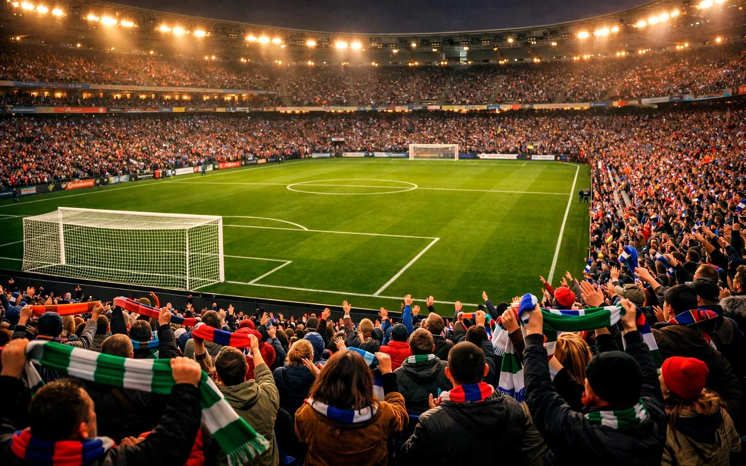 Blick auf gefüllte Stadionränge mit begeisterten Fußballfans vor Anpfiff