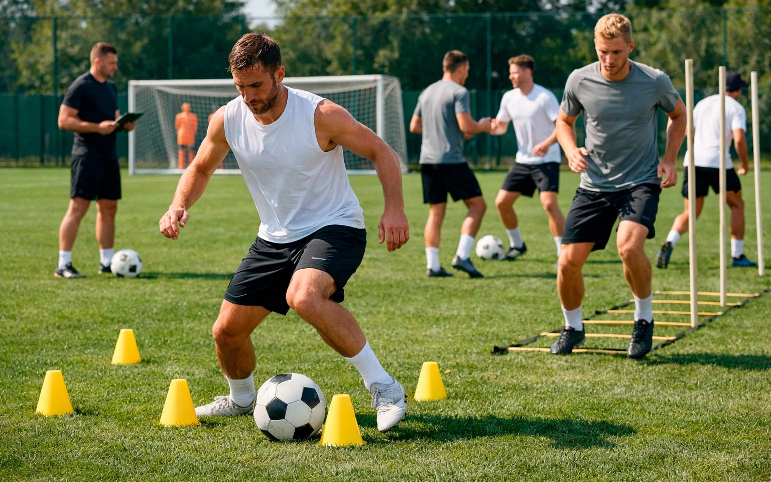 Fussballspieler beim konzentrierten Training auf dem Trainingsplatz am Nachmittag