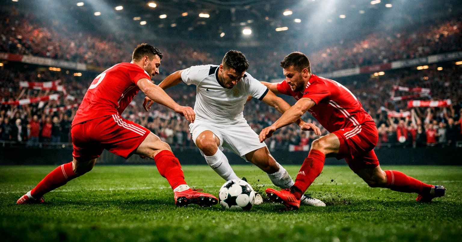 Bundesliga-Stadion bei Flutlicht mit spannender Spielszene