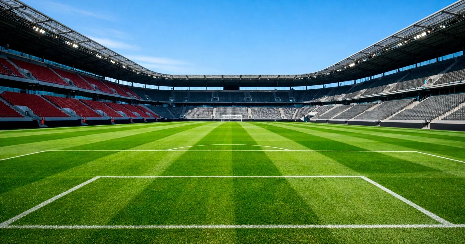 Fußballstadion bei Saisonbeginn mit frisch gemähtem Rasen und klarem Himmel