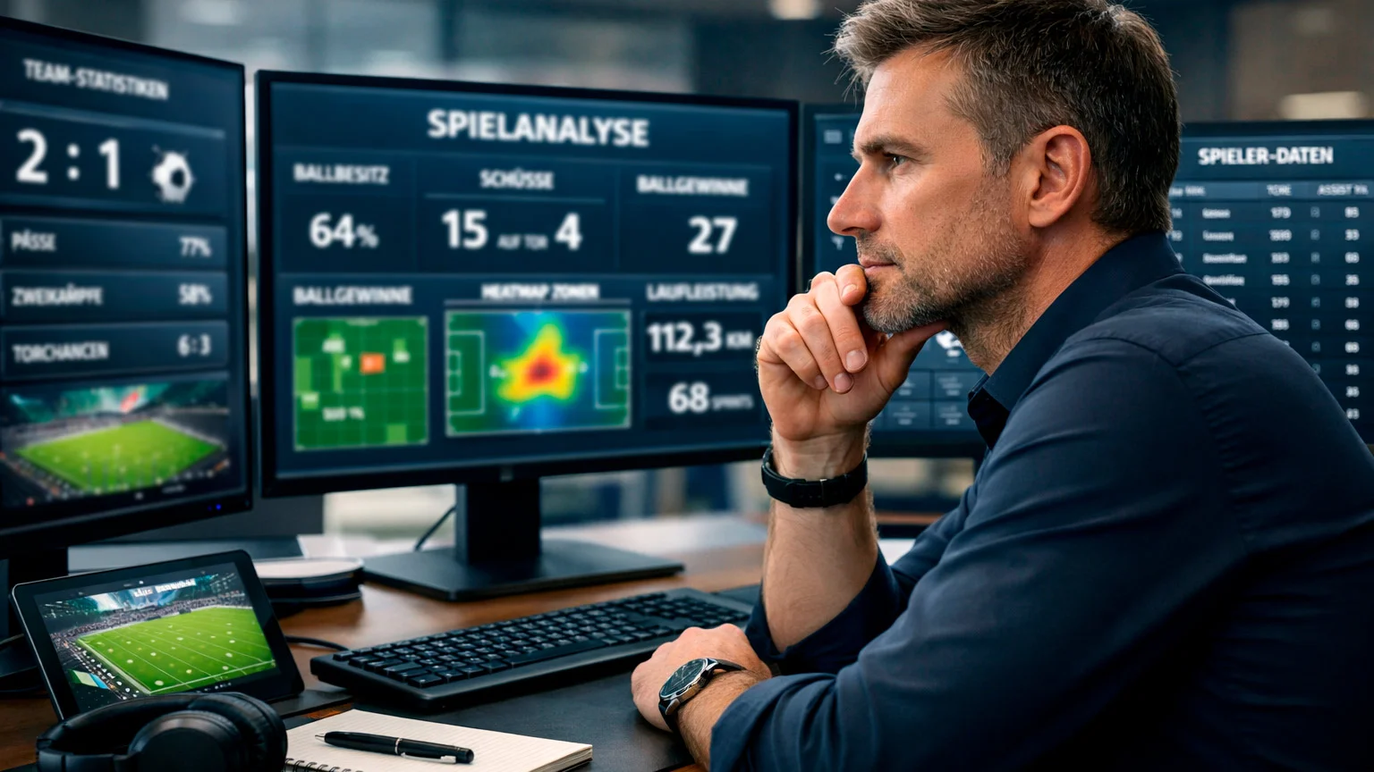 Sportanalyst arbeitet mit Daten am Computer in einem modernen Büro