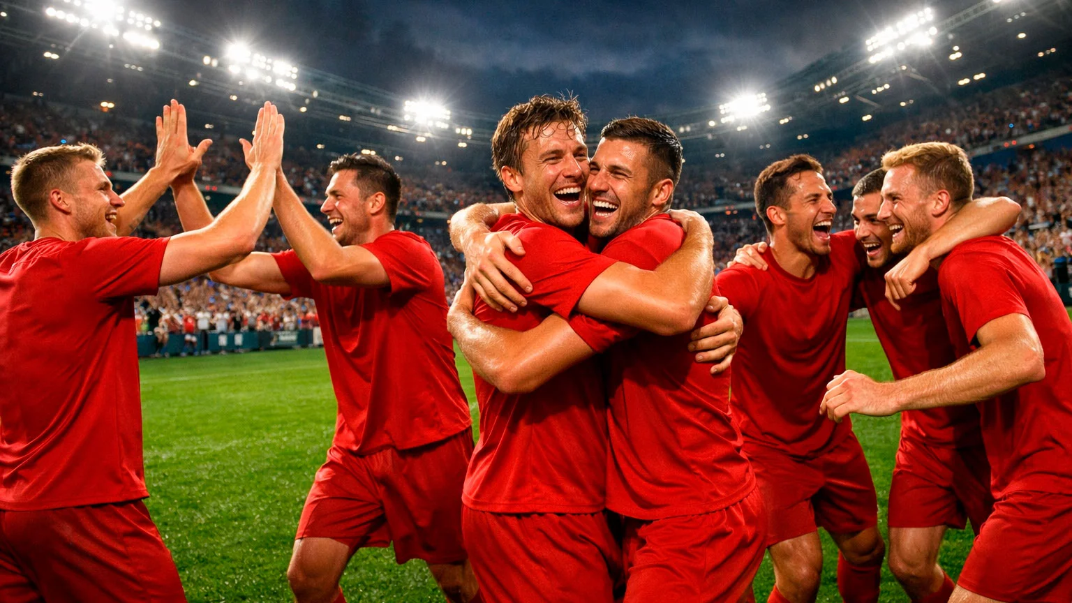 Fußballmannschaft feiert einen Sieg auf dem Spielfeld im Bundesligastadion