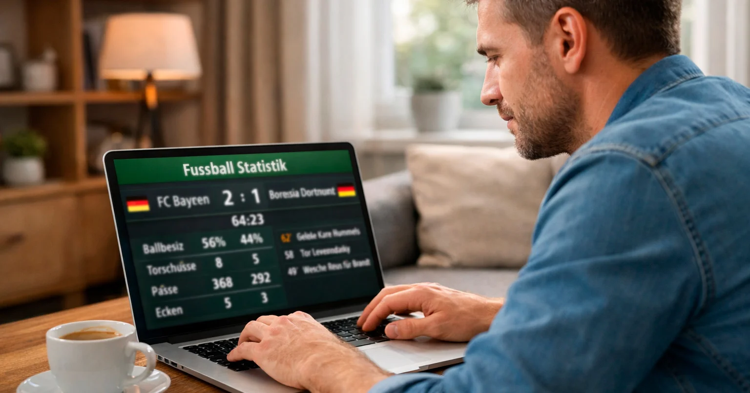 Person am Laptop bei der Recherche nach Fussballprognosen in entspannter Umgebung