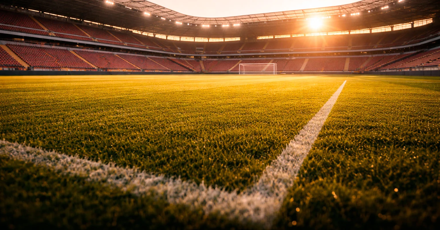 Fussballstadion am fruhen Morgen mit aufgehender Sonne uber dem Rasen