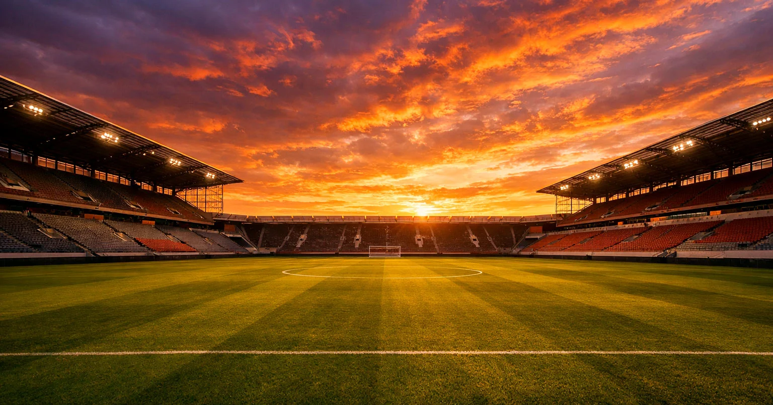 Fussballstadion bei Sonnenuntergang mit leerem Spielfeld in Vorbereitung auf den nachsten Spieltag
