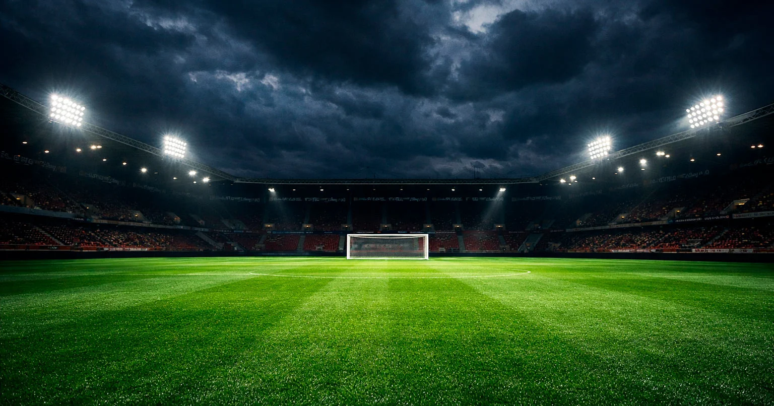 Bundesliga-Stadion am Freitagabend mit Flutlichtbeleuchtung vor Spielbeginn