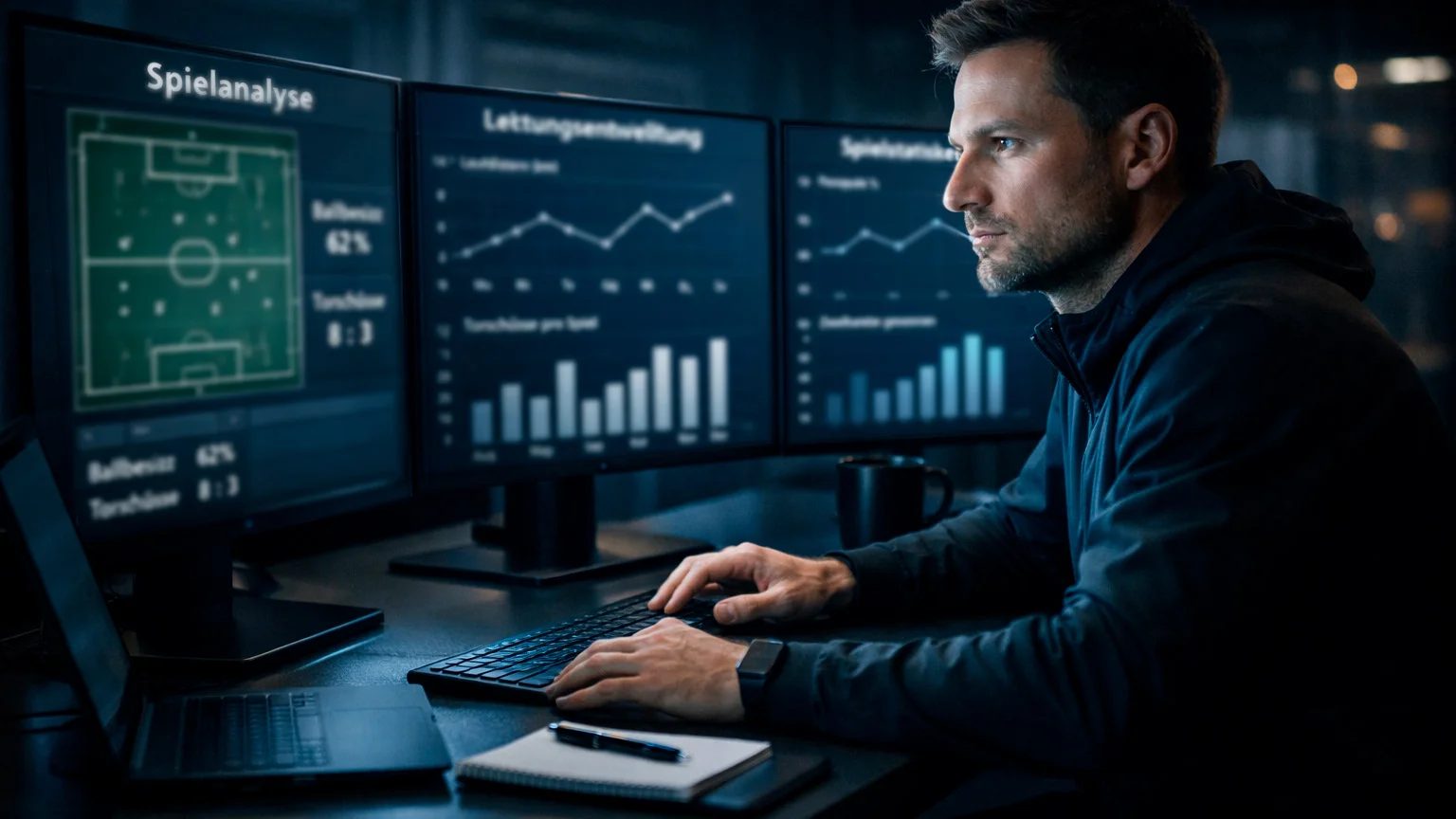 Datenanalyst betrachtet Fußballstatistiken auf mehreren Bildschirmen