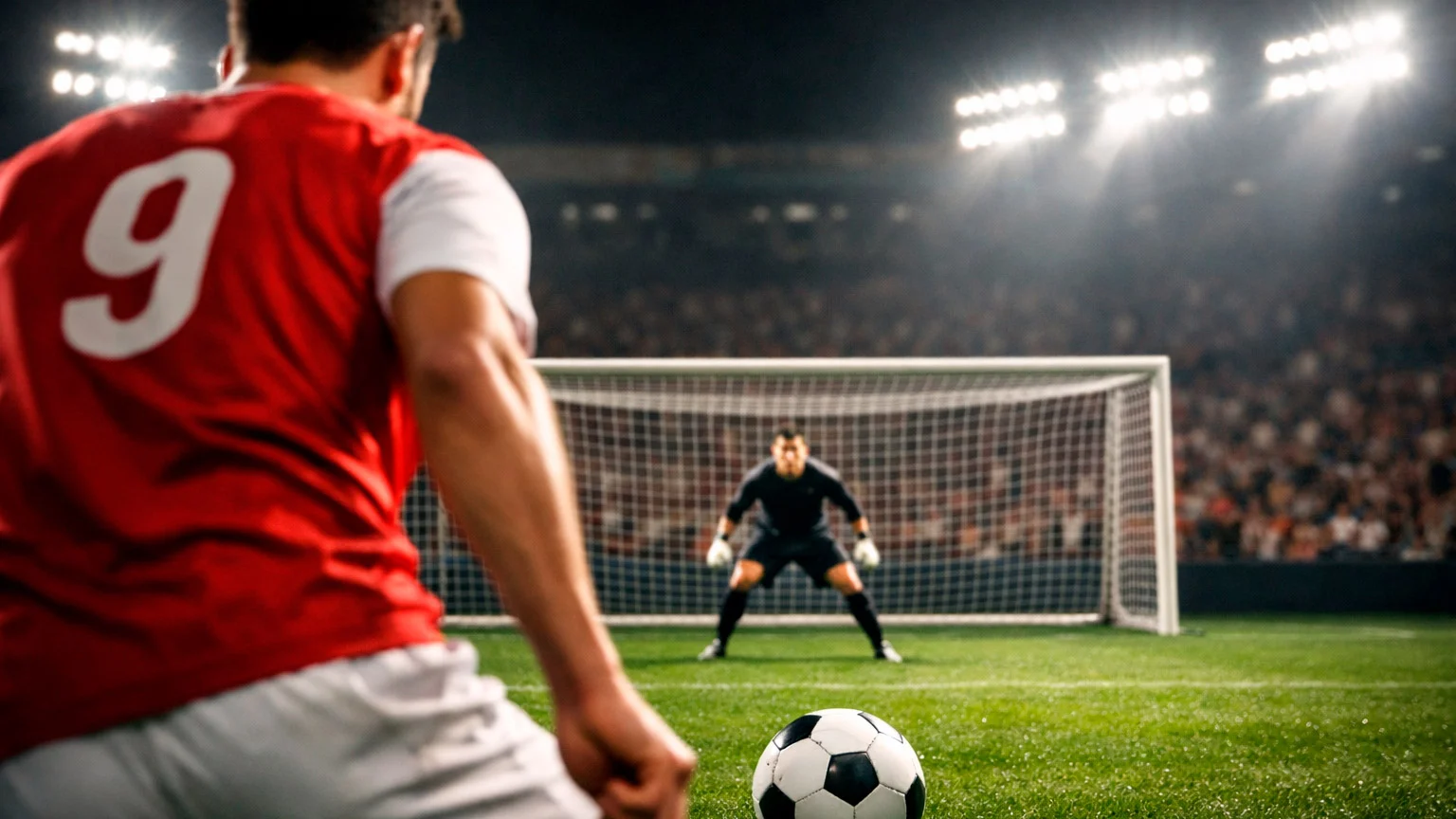 Fußballtor aus der Perspektive eines Stürmers mit Blick auf die Torecke