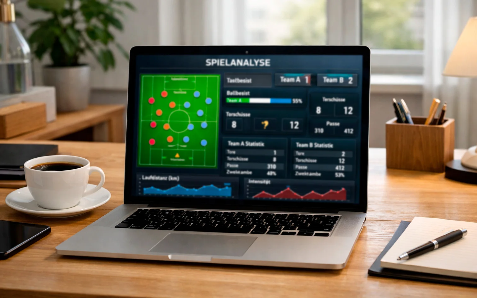 Laptop auf Schreibtisch mit geöffneter Fußballanalyse-Software
