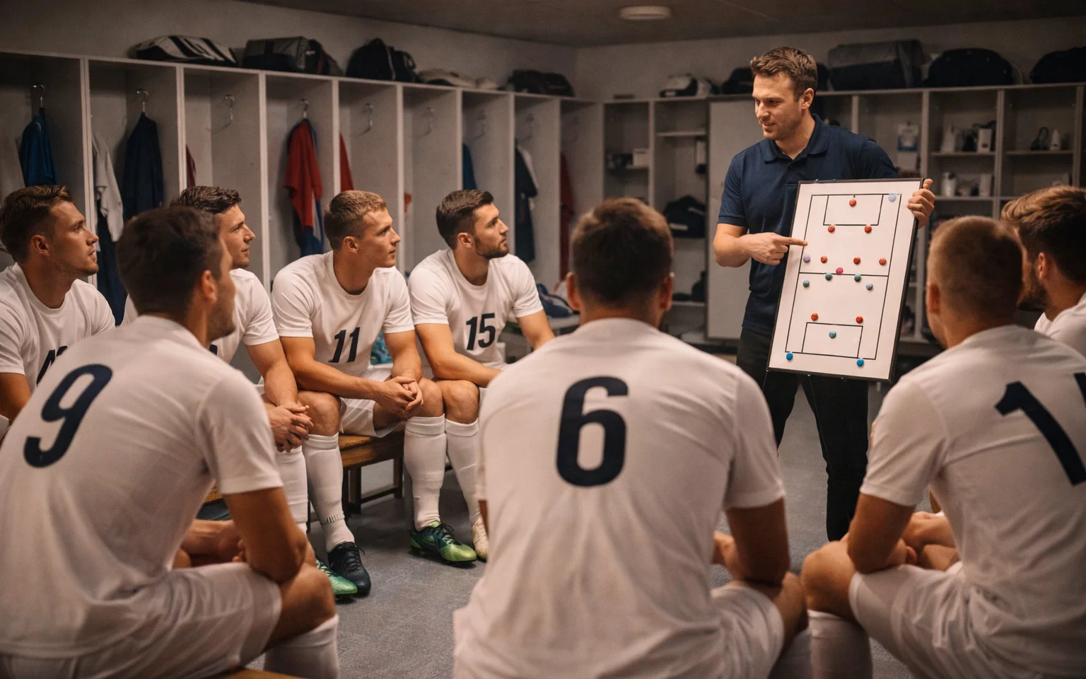 Fussballmannschaft bei einer Taktikbesprechung in der Umkleidekabine