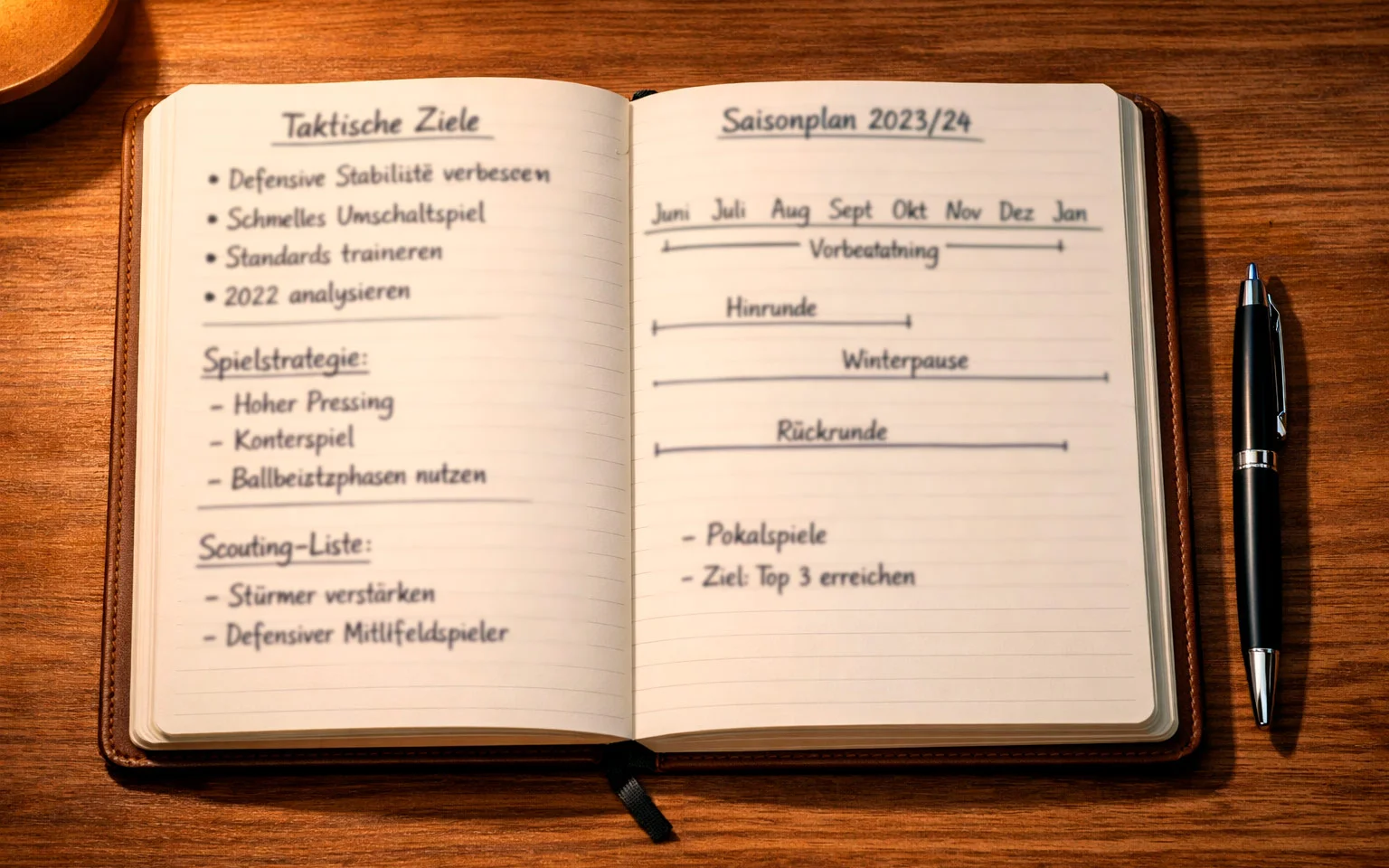 Aufgeschlagenes Notizbuch mit handschriftlichen Strategienotizen und Saisonplanung