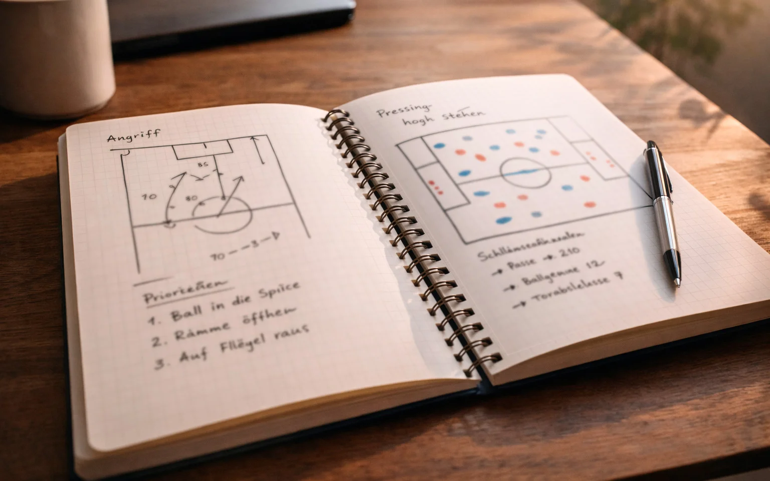 Aufgeschlagenes Notizbuch mit handgeschriebener Spielplanung und Strategienotizen