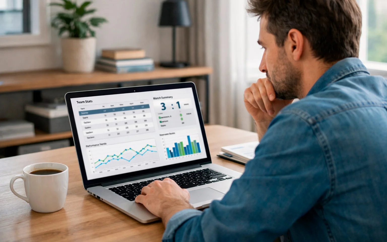 Person analysiert Sportwetten auf einem Laptop in entspannter Umgebung