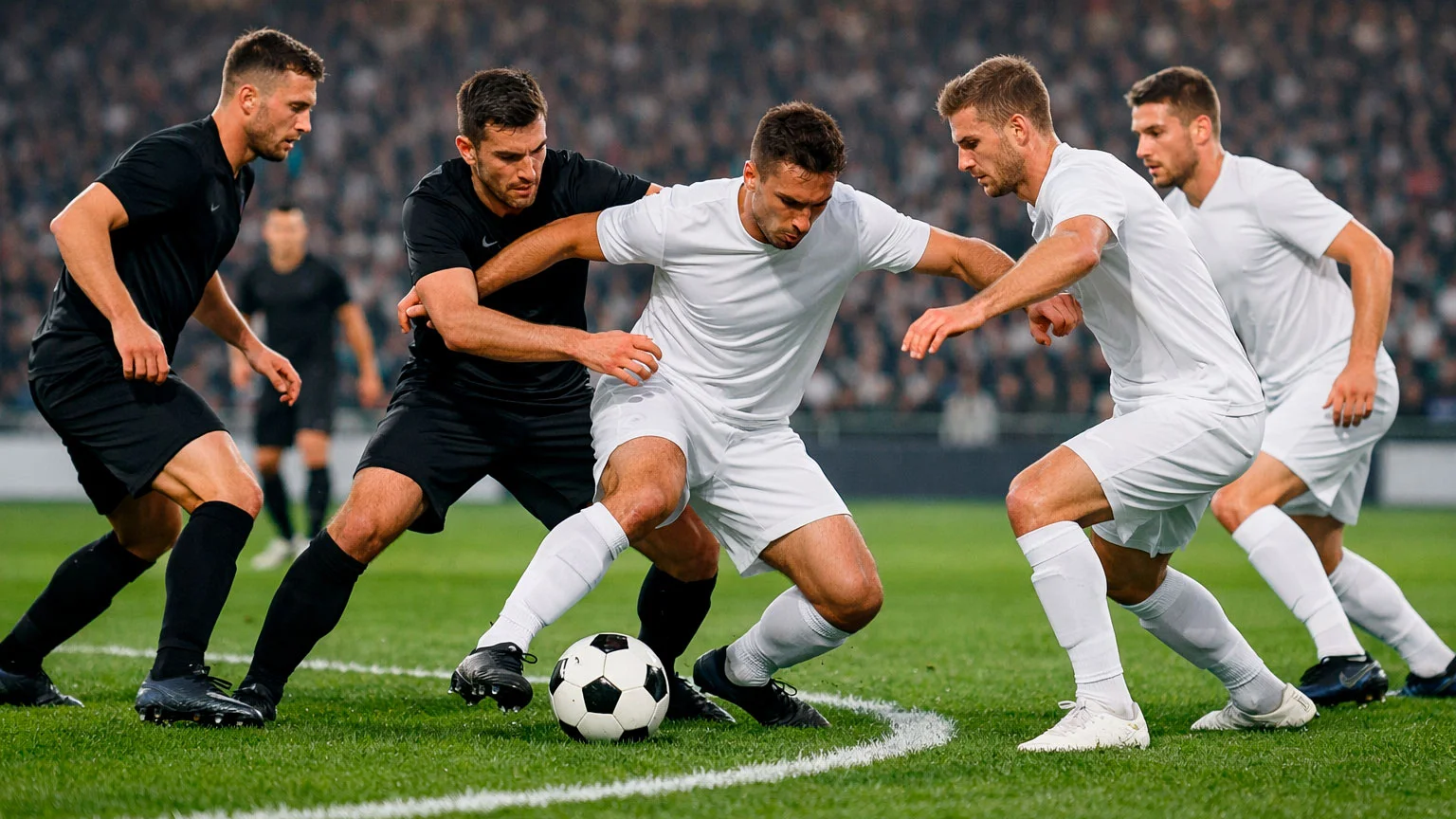 Bundesligaspiel in vollem Gang mit Spielern im Zweikampf und vollen Tribünen