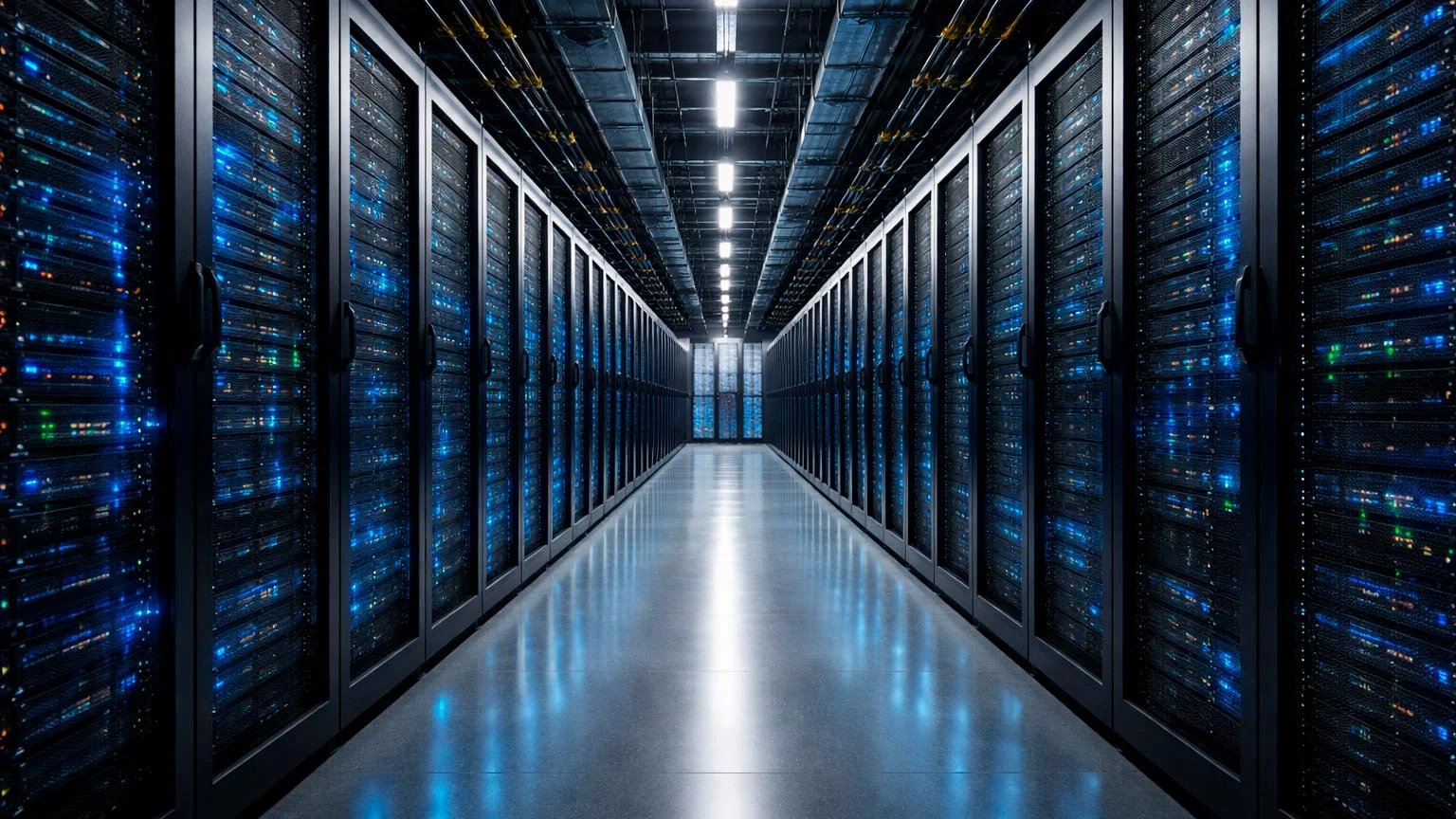 Moderner Serverraum mit blau beleuchteten Computerracks