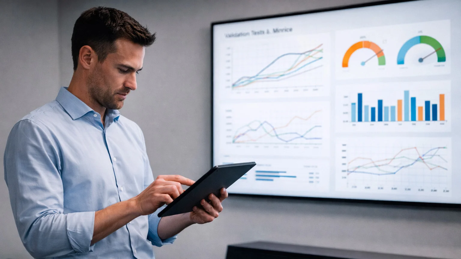 Wissenschaftler überprüft Daten auf einem Tablet vor einer Anzeigetafel mit Testergebnissen