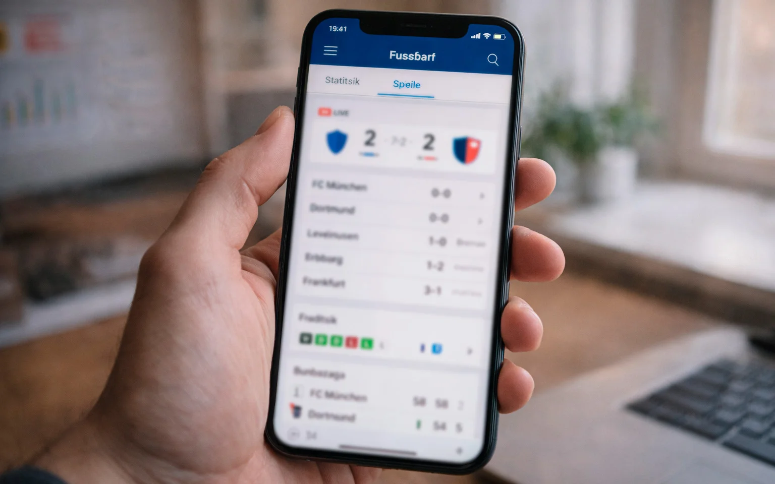 Smartphone mit geoeffnetem Sportportal und Fussballstatistiken