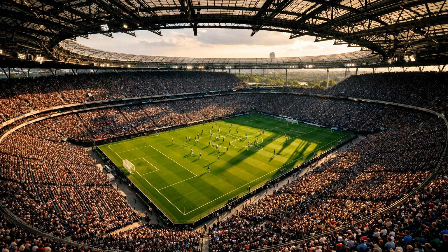 Volles Bundesligastadion aus der Vogelperspektive mit Spielfeld und Zuschauern