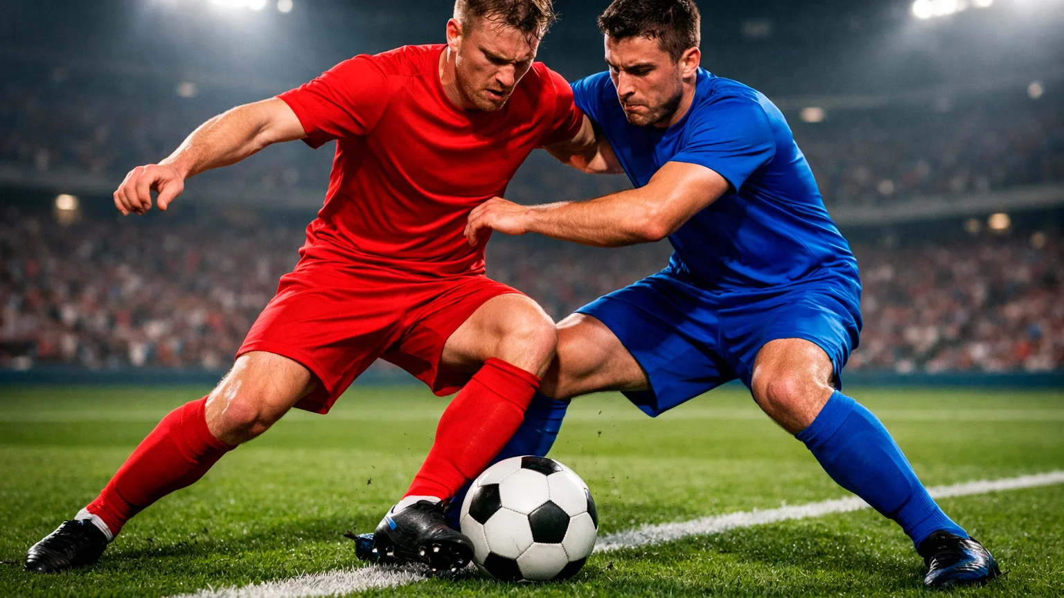 Zwei Fußballspieler im Zweikampf um den Ball während eines Bundesligaspiels