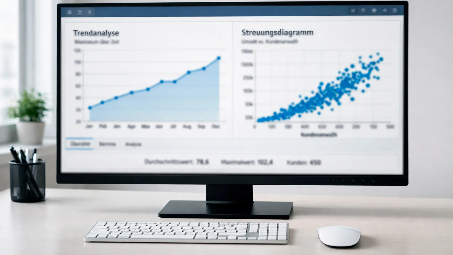 Moderner Computerarbeitsplatz mit statistischer Software und Datenvisualisierung auf dem Bildschirm
