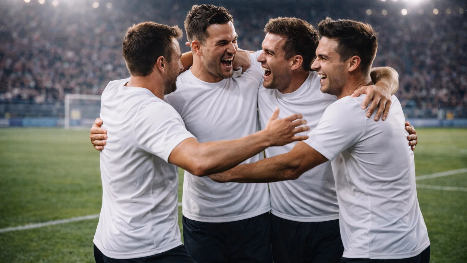 Fußballmannschaft feiert ein Tor im Bundesligastadion