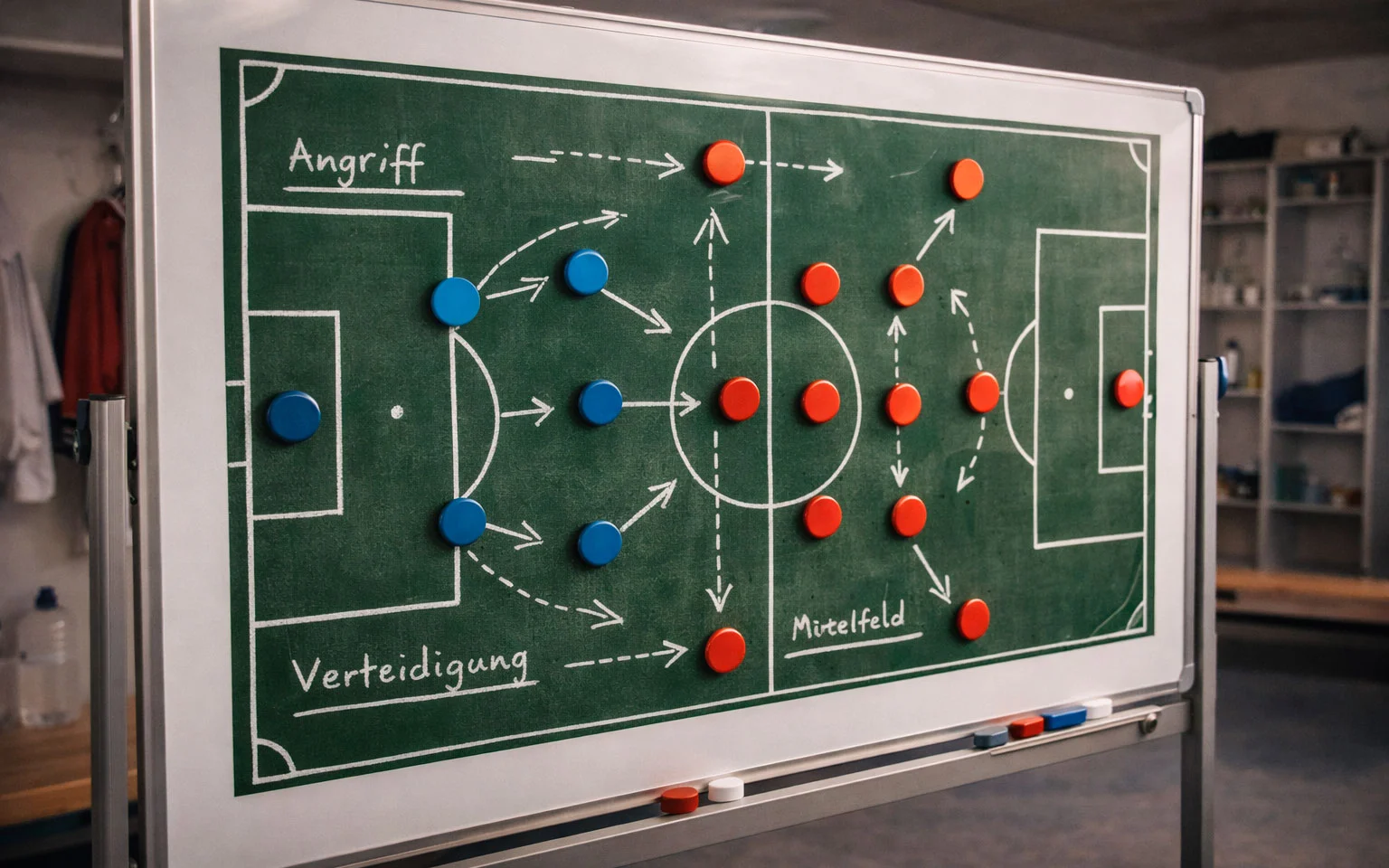 Taktiktafel mit Fußballaufstellung und strategischen Markierungen