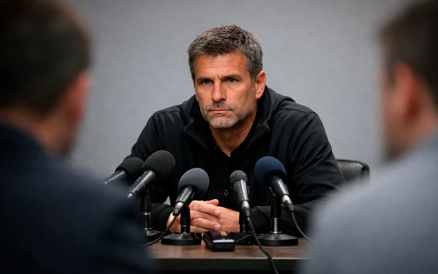 Trainer bei einer Pressekonferenz mit Mikrofonen vor sich