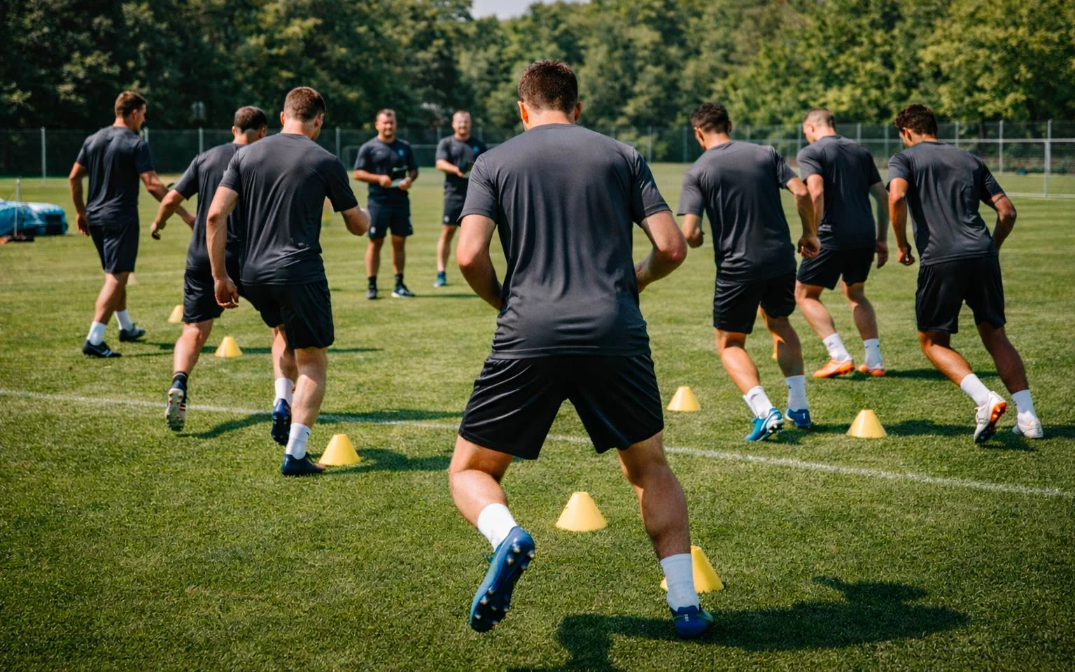 Fußballmannschaft beim Sommertraining auf dem Trainingsplatz