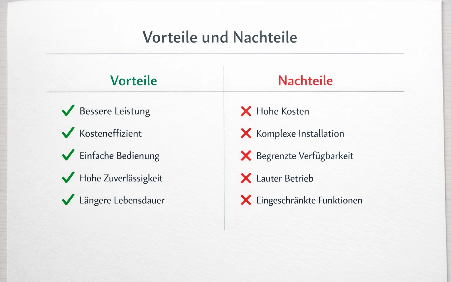 Ubersichtliches Vergleichsdiagramm mit Vor- und Nachteilen