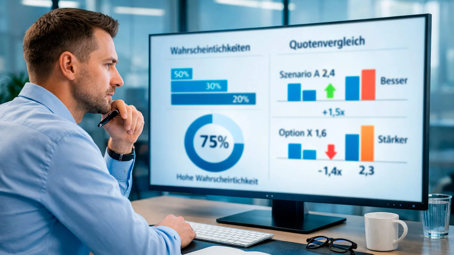 Analyst betrachtet Wahrscheinlichkeitsberechnungen und Quoten auf einem Computerbildschirm