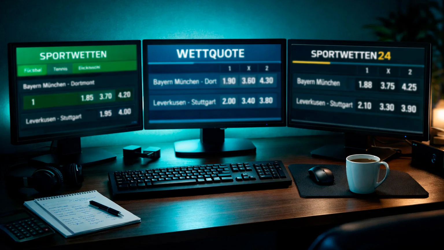 Mehrere Bildschirme zeigen verschiedene Wettanbieter mit unterschiedlichen Quoten