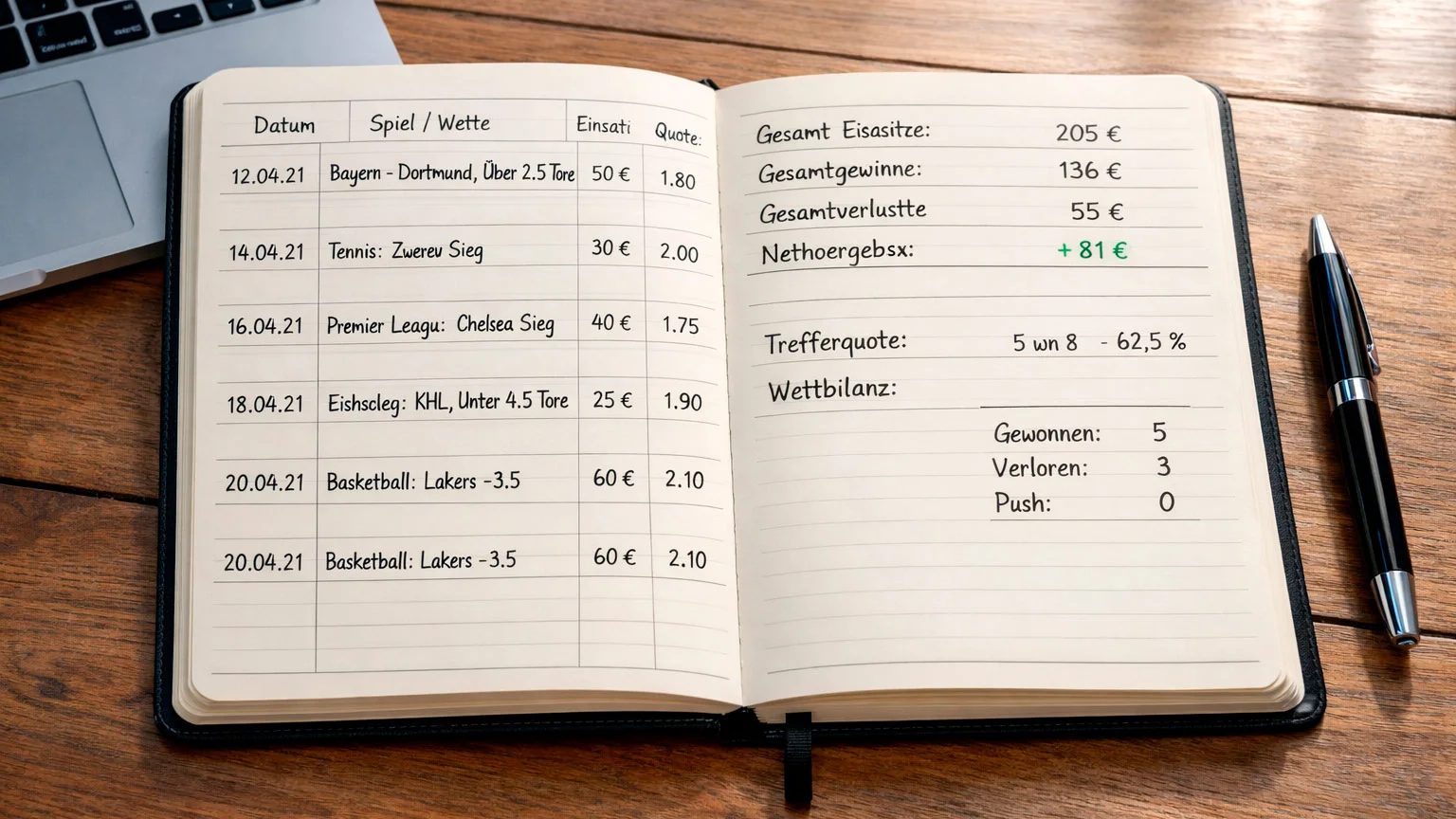 Notizbuch mit Wettstatistiken und Erfolgsdokumentation neben einem Laptop