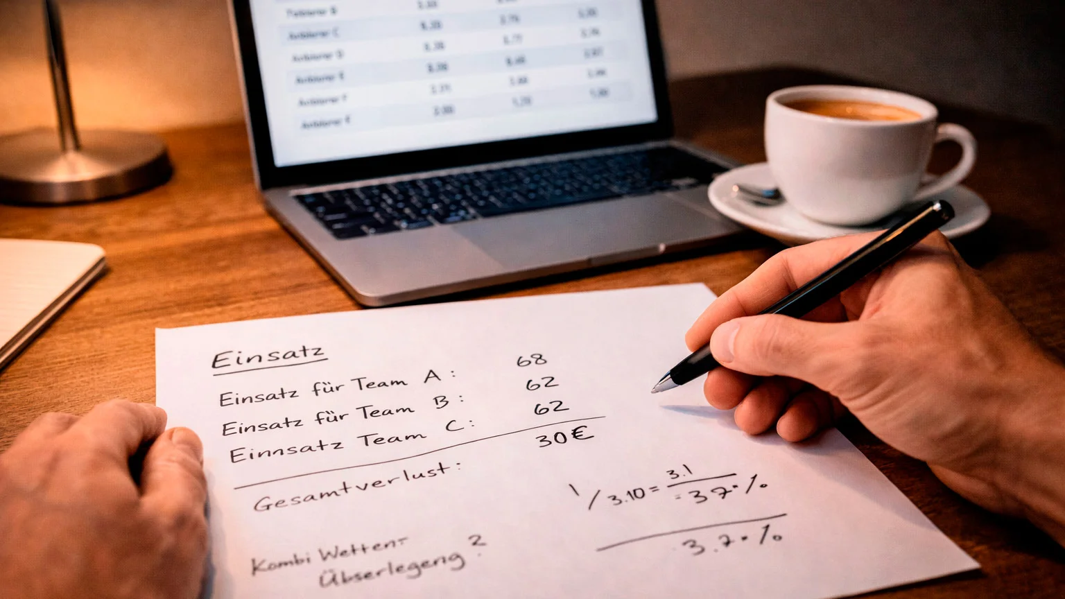 Person plant Wettstrategie mit Notizen und Berechnungen auf dem Schreibtisch