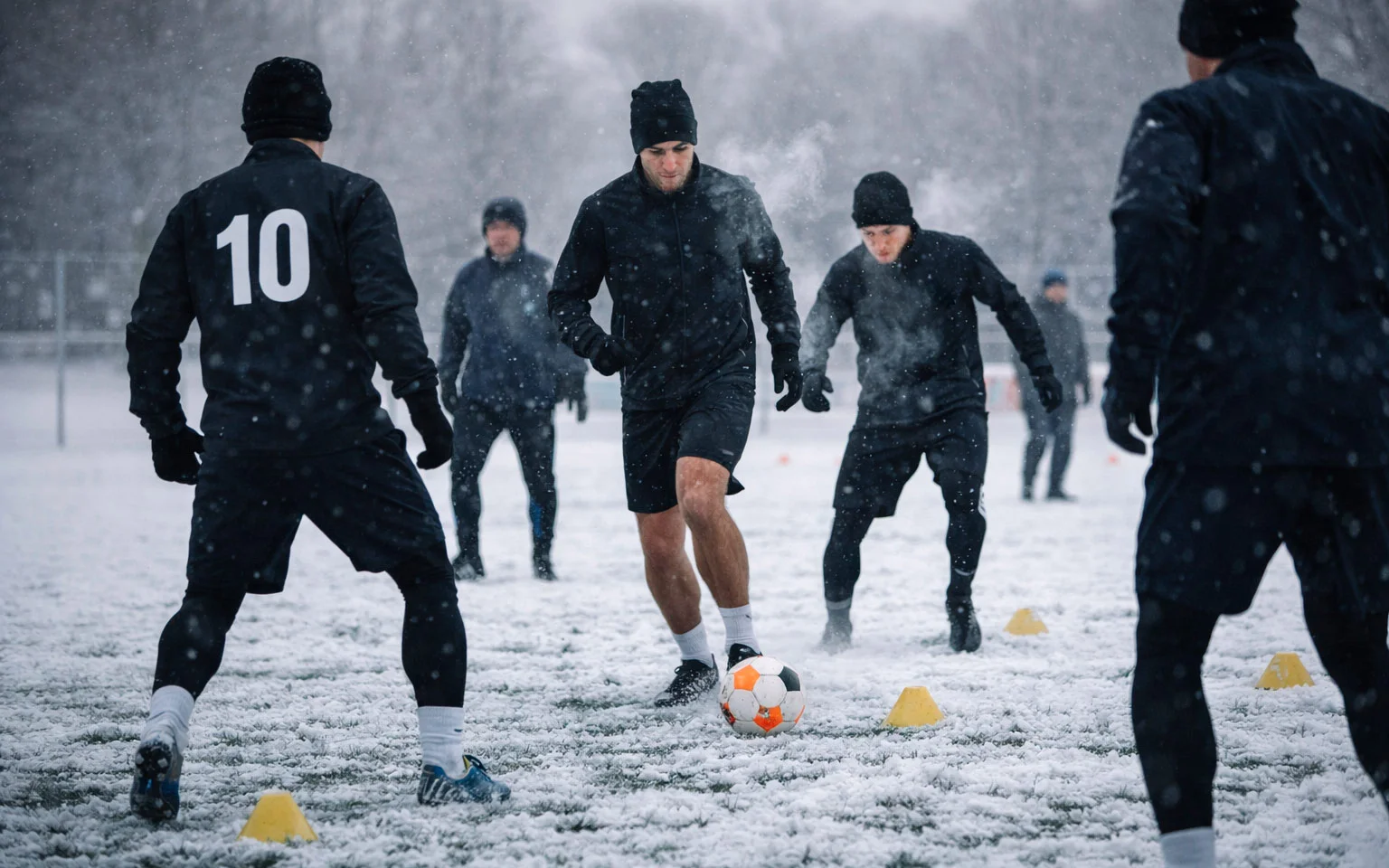 Fußballtraining im Winter mit Spielern auf schneebedecktem Trainingsgelände