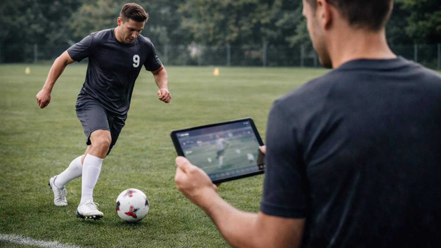 Fußballspieler am Ball wird von Trainer am Spielfeldrand beobachtet