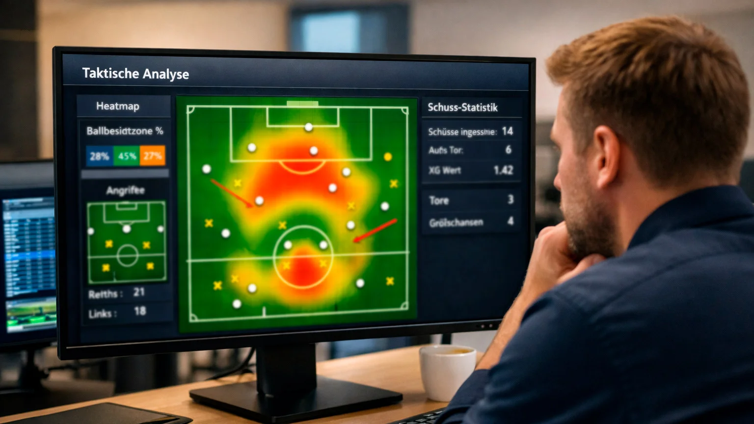 Analyst betrachtet Spielfelddiagramm mit markierten Schusspositionen auf einem Bildschirm