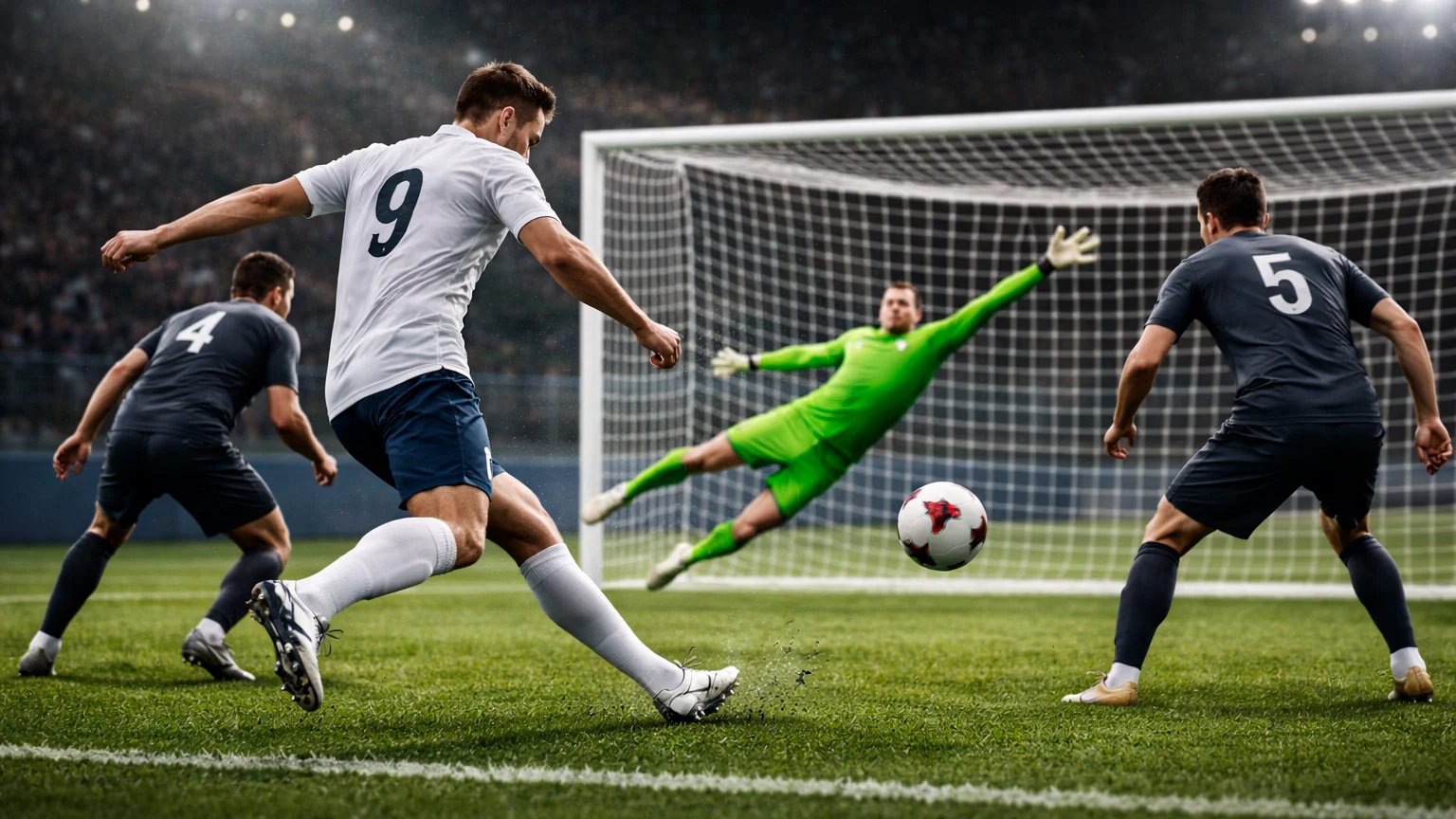 Fußballspieler schießt aus zentraler Position im Strafraum aufs Tor