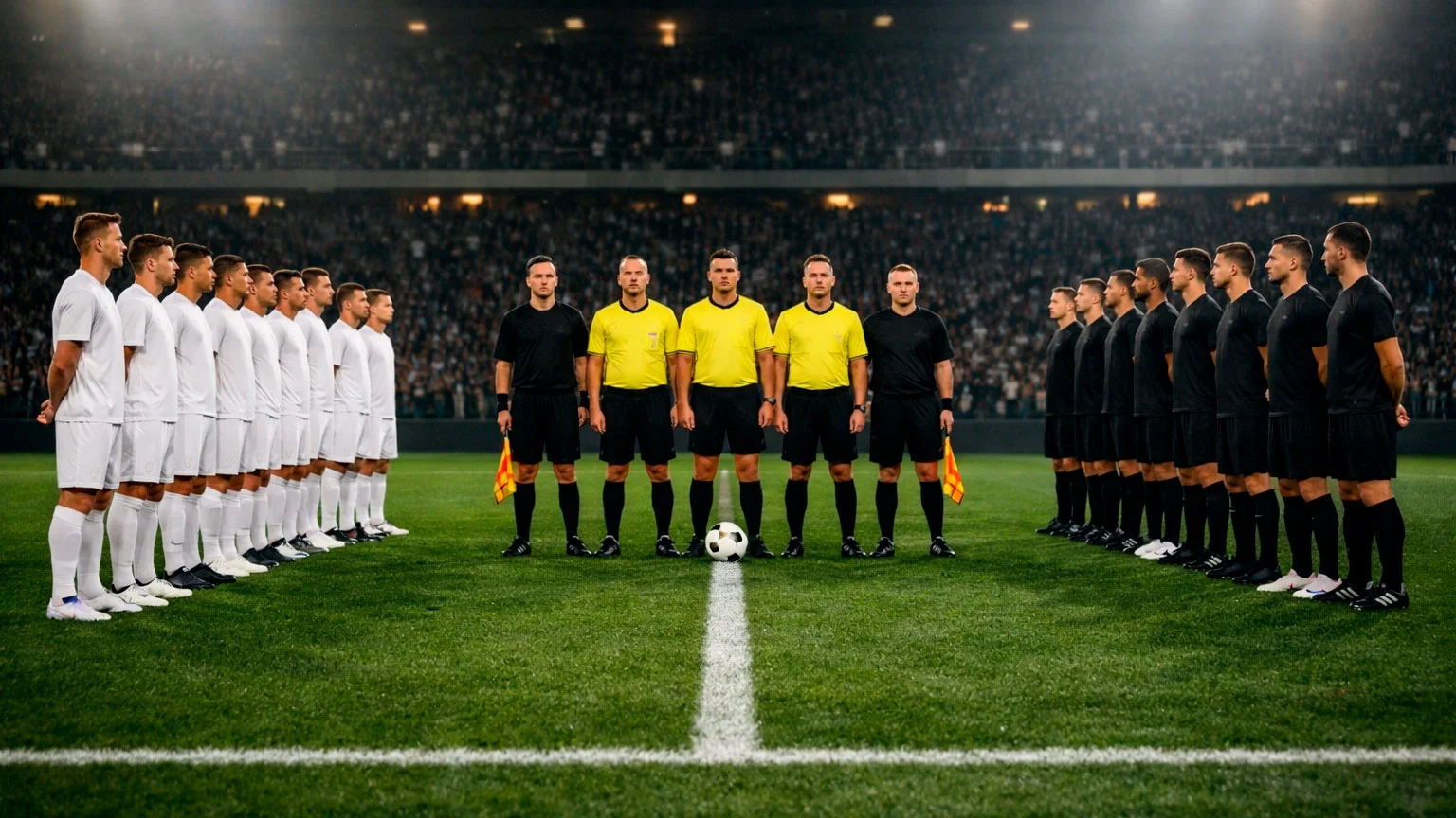 Zwei Fußballmannschaften stehen sich gegenüber auf dem Spielfeld vor dem Anpfiff